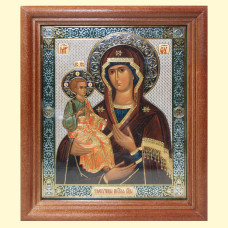 Икона ″Троеручица″ деревянная рама, двойное тиснение, под стеклом, 13x15 см